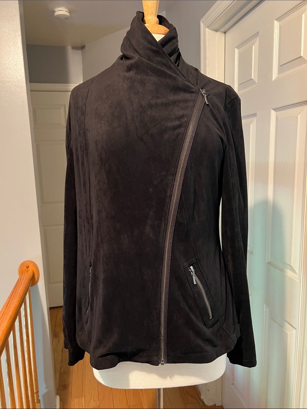 Women's Black Asymmetrical Suede Like Zip Jacket
